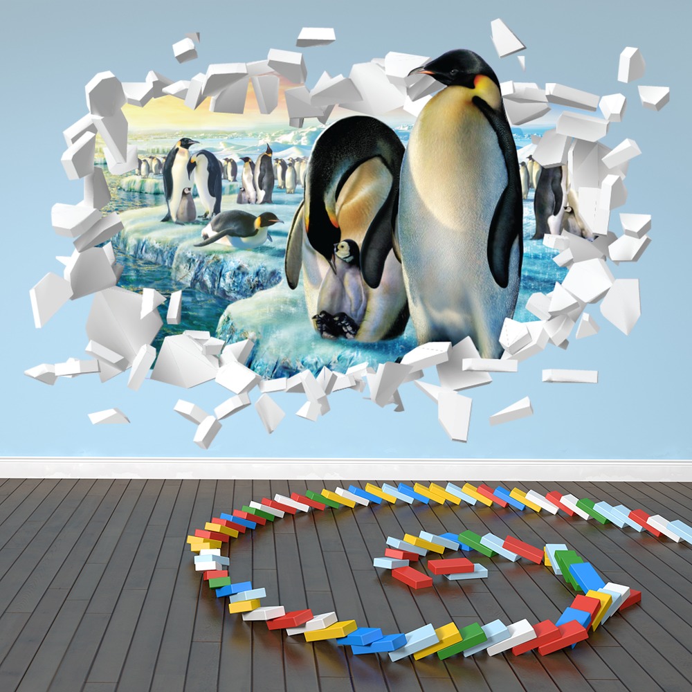 Arctic Penguins White 3D Hole In The Wall Sticker | Icon Wall Stickers